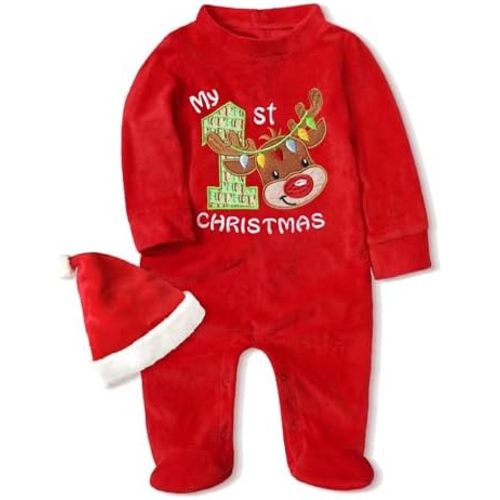 Von kilizo Baby Christmas Outfit My First Christmas Baby Girl Boy Outfit Footed Romper Santa Hat 2Pcs