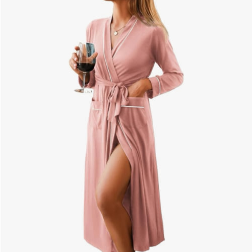 Ekouaer Women Kimono Robes Full Length Knit Bathrobe Lightweight Soft Sleepwear V-neck Casual Ladies Loungewear S-XXL