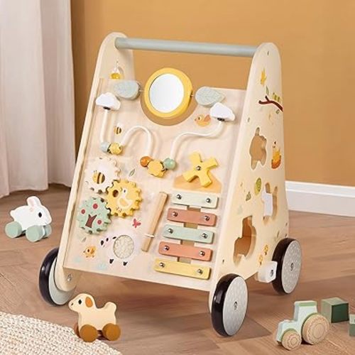 Wooden Baby Push Walker, Baby Walker with Activity Center for Girls Boys, Montessori Sensory Push Toys for Babies Learning to Walk & Sit-to-Stand