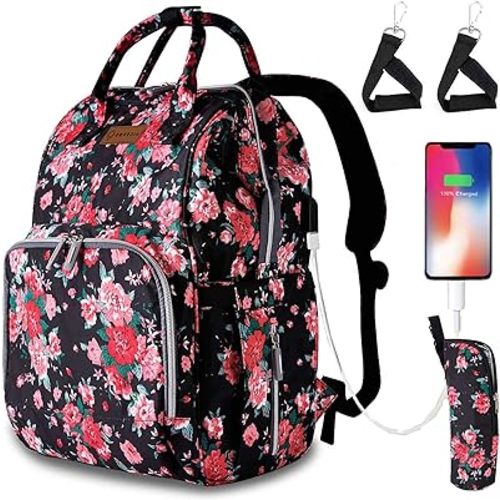 Floral Diaper Bag Backpack with USB Charging Port Stroller Straps and Insulated Pocket, Travel Bag Nappy Backpack For Women/Mum (Red Flower Pattern)
