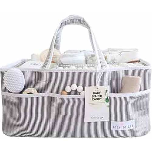 Lily Miles Baby Diaper Caddy Organizer - Baby Shower Basket for Newborn Boys or Girls - Nursery Must Haves for New Mom - Baby Registry Favorites - Large Storage Tote for Changing Table or Car, Gray