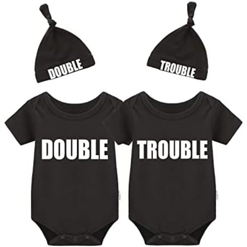 YSCULBUTOL Baby Twins Bodysuits Funny Double Trouble Cute Girl Romper Twin Jumpsuits Hat Set