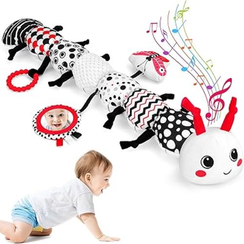 Baby Toys 0-12 Months - Girls Boys 3 Month Baby Toys Tummy Time Musical Caterpillar Stuffed Animal Soft Plush Toys Sensory Toys High Contrast Black White Toys Gifts, W/Mirror Rattle