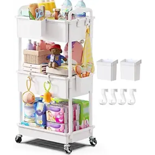 Goovilla Diaper Cart with Lockable Wheels and Easy Assembly, 3 Tier White Rolling Cart for Baby Nursery Storage, Sturdy Ample Diaper Caddy Organizer for Baby Girl, Boy, New Mom, Newborn Essentials
