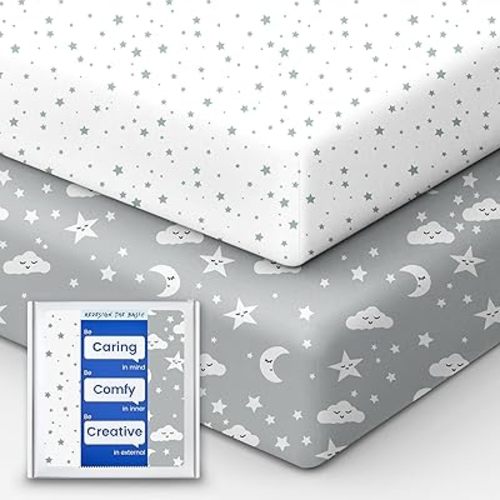 Crib Fitted Sheet Star, Super Stretchy Jersey Crib Sheets, Buttery Soft Boy Crib Mattress Sheets, Ultra Breathable Baby Bed Sheets 28x52x9 Extra Deep Pocket, 2 Pack