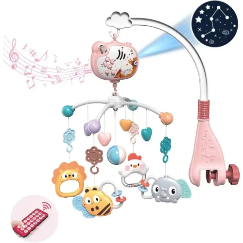 Baby Crib Mobile with Musical, Night Light & Moon Star Projector, Mobile for Crib with Remote Control Timing Function, 360° Rotation Crib Toys for Newborn Infant Boys and Girls(Pink)