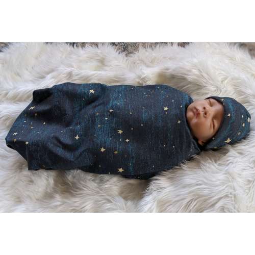 Star Baby Blanket + Beanie or Headband, Outer Space Baby Stuff, Teal & Midnight Blue Watercolor Starry Night Newborn Gift