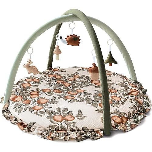 Baby Play Gym Play Mat, Infant Activity Center with 5 Sensory Toys 0–18 Months Developmental Tummy Time Mat, Baby Gym & Activity Mat Apple-Leaf Printed for Newborn Shower Gift Baby Essentials