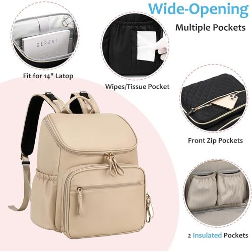 LORADI Large Capacity Diaper Bag Backpack with Storller Clips, Water-Resistant Travel Backpack with Anti-Theft Pocket - Beige