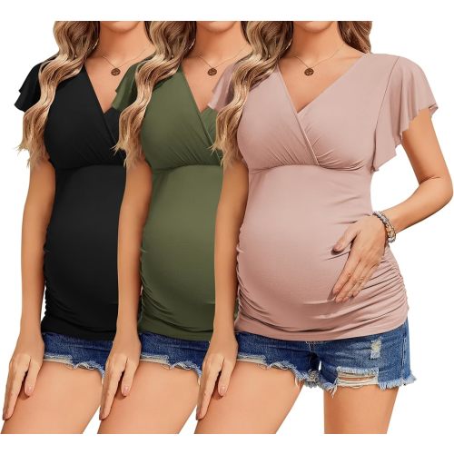 Ekouaer Women's Maternity Shirts 3 Packs Nursing Tops Flying Short Sleeve Breastfeeding Tees Side Ruched Pregnancy Clothes