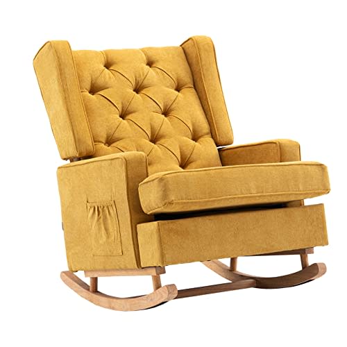 Dolonm Nursery Rocking Chair Upholstered Mid Century Modern Rocker Oversized Wingback Armchair for Living Room with Solid Wood Base (Mustard Yellow)