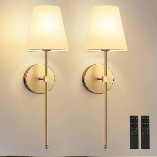 8 in. 1-Light Gold Wall Sconce, Rechargeable Wall Sconce with Detachable Bulbs and Fabric Shade for Living Room (2-Pack)