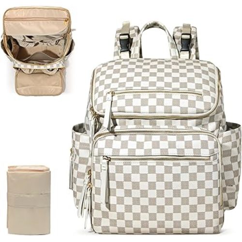 Checkered Diaper Bag Backpack Large Baby Diaper Bag Leather with 17 Diaper Bag Organizing Pouches,Changing Pad,Stroller Straps,4 Insulated Pockets,Beige&Honey