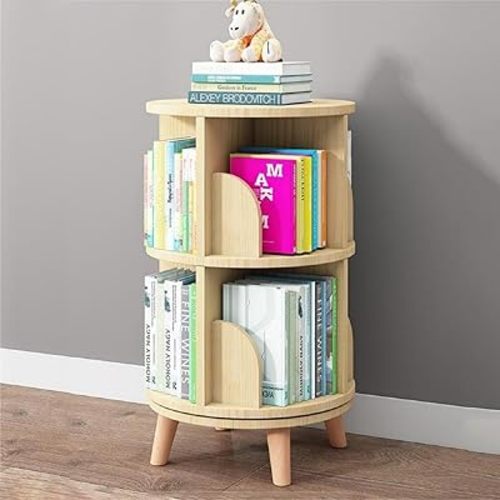 Gdrasuya10 2 Tier Rotating Bookshelf with Legs, Small Stackable Bookshelf 360 Display Standing Revolving Bookcase Round Corner Book Shelf Wood Book Storage Display Shelves for Kids&Adults