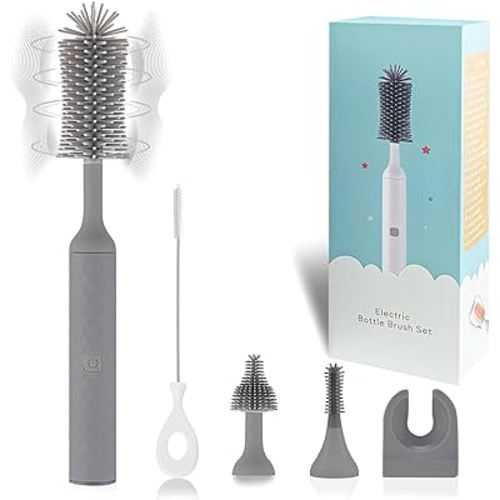 Electric Baby Bottle Cleaner Kit with Rechargeable Electric Bottle Brush Cleaner, 3 Piece Silicone Bottle Brush and Straw Brush, Multipurpose Automatic Bottle Cleaner, Grey