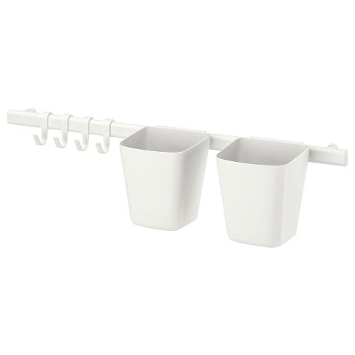 SUNNERSTA Rail with 4 hooks and 2 containers - white