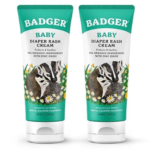 Badger Baby Diaper Rash Cream, Zinc Oxide Diaper Cream for Babies, Natural Skin Barrier Cream with Organic Sunflower Oil & Beeswax, 2.9 fl oz