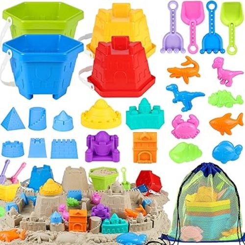 Beach Sand Toys, Sandbox Toys for Kids Family Sharing Set, Sand Castle Kit with 4 Beach Buckets and 4 Shovel Tools & Sand Molds, Travel Beach Toys for Toddlers Boys Girls Age 4-12