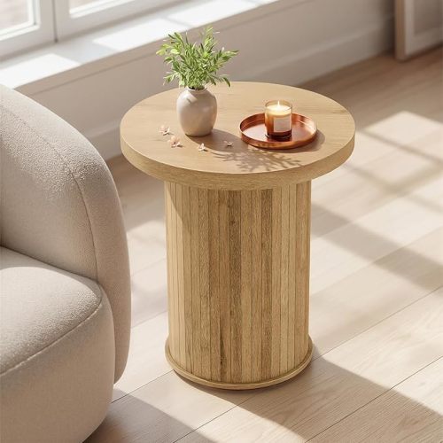 VASAGLE Round Side Table, Tambour End Table, Mid Century Modern Nightstand, Easy Assembly, for Small Spaces, Living Room, Bedroom, Home Office, 17.7 x 19.7 Inches, Natural Brown ULET295K101