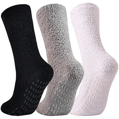 JORMATT 3 Pairs Ultra Thick Grip Fuzzy Socks Non Skid Slipper Hospital Socks Unisex