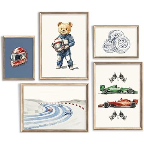 BMFLFWXE Vintage Racing Car Nursery Wall Art Teddy Bear Pictures Wall Decor Boy Navy Blue Vehicle Posters Retro Sport Painting Canvas Print Artwork for Kids Boy Room Playroom, Unframed