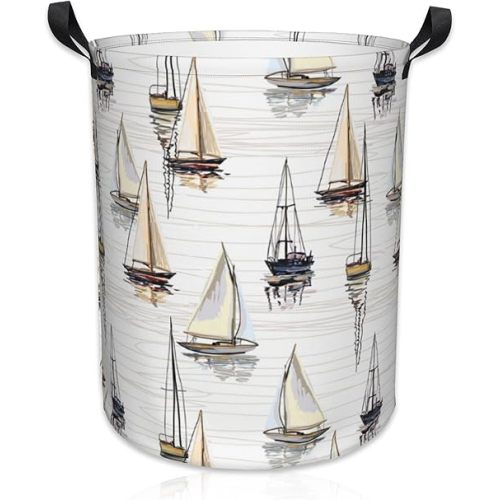 Laundry Basket Nautical Sailboat Laundry Hamper Large Laundry Basket Storage Basket Tote Bag Collapsible Organizer Basket for Bathroom,Laundry,Bedroom 17.3 x16.5 Inch
