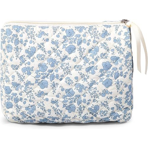 Makeup Bag Large Travel Quilted Cosmetic Makeup Bag Organizer, Cute Floral Cotton Coquette Aesthetic Toiletry Bag for Women Girls (Blue Floral)
