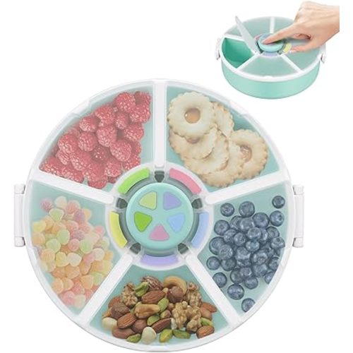 Pawtong Snack Rotator Container Reusable Snack Box with 5 Compartment Dispenser and Lid, Color Matching Opening Lid, BPA and PVC Free, for Home, School, Travel (1 Pack- Green)