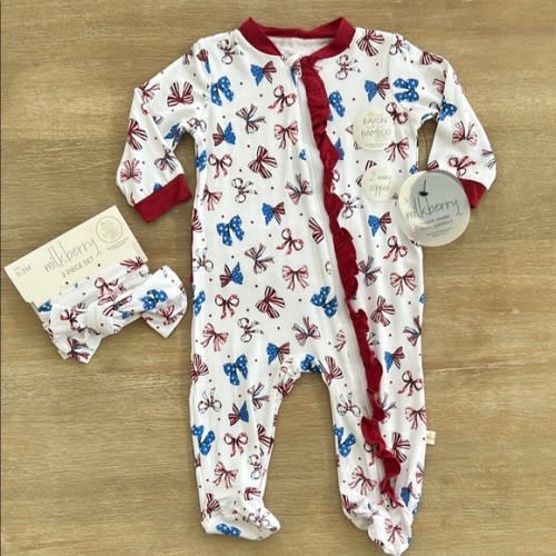Milkberry Baby Girl Bamboo Americana Bows Footie Headband 0-3 3-6 6-9 months