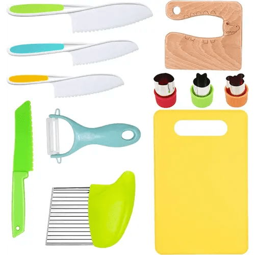 RISICULIS 11 Pieces Wooden Kids Kitchen Knife, Kids Knife Set Include Wood Kids Knife, Serrated Edges Plastic Toddler Knife, Crinkle Cutter, Sandwich Cutter, Y Peeler, Cutting Board