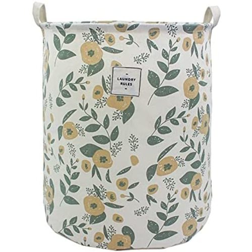Mziart Collapsible Laundry Basket, Floral Printing Large Laundry Hamper for Baby Girls Kids Toys Clothes Organizer Foldable Storage Bin Waterproof Canvas Nursery Storage Basket with Handles (Green)