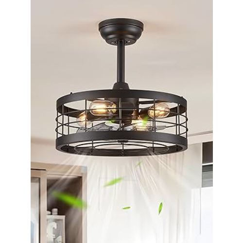 LEDIARY 16.5 inch Black Caged Ceiling Fan with Light, Bladeless Industrial Ceiling Fan with Remote, Farmhouse Fan Lights Ceiling Fixtures for Kitchen, Bedroom, Outdoor(6 Speed, Timing)-Black