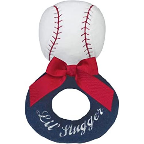 Bearington Baby Lil’ Slugger, 5.5 Inch Red, White and Blue Plush Stuffed Baby Baseball Soft Ring Rattle