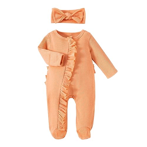 Ayalinggo Newborn Baby Romper Infant Girl One-piece Outfit Waffle Ruffle Zip Footie Spring Summer Clothes With Bow Headband