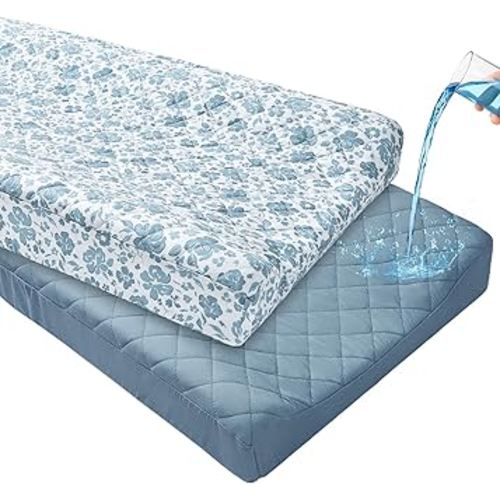 FIOBEE Changing Pad Cover Waterproof 2 Pack Quilted Diaper Change Table Sheets Breathable & Ultra Soft for Newborn Baby Boys Girls Fitted Changer Pads 32"x 16", Light Blue