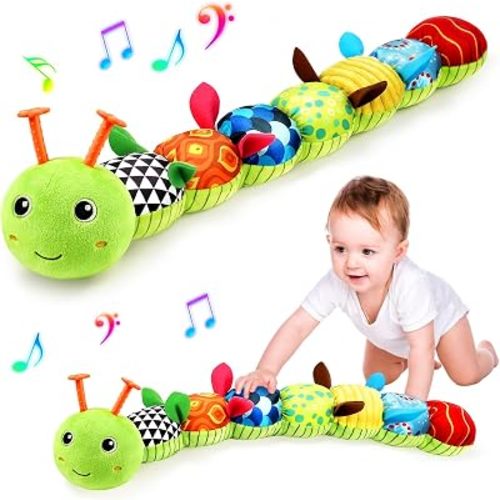Baby Sensory Toys 0-6 6-12 Months, Stuffed Musical Caterpillar Animal Toys for Babies 3-6 Months with Rattles Crinkle Squeaker, Infant Tummy Time Toys for Newborn Baby Boy Girl Gifts, Green