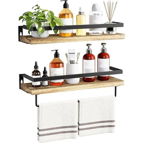 AMADA HOMEFURNISHING Bathroom Shelves with Towel Bar, Floating Shelves, Wall Shelves for Bathroom/Living Room/Kitchen/Bedroom, Light Brown Shelves Set of 2 - AMFS01