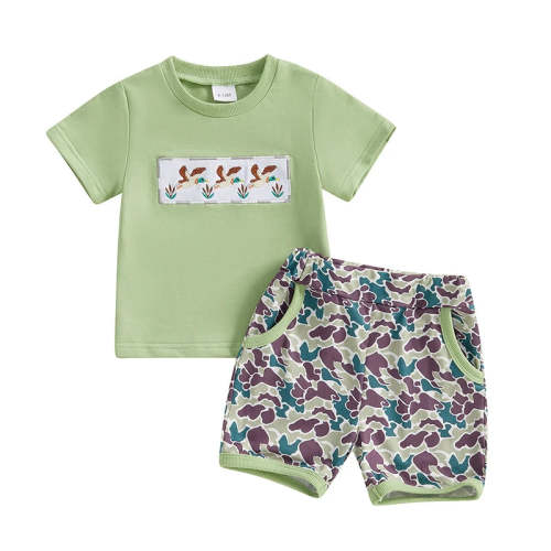 Baby Toddler Boys 2Pcs Summer Outfit Duck Embroidery Short Sleeve Top – August + Willow