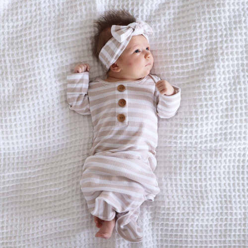 Latte Stripes Waffle Newborn Baby Knot Gown & Hat Set