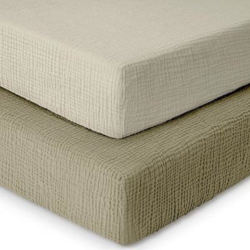 Cotton Mini Crib Sheets,Mini Muslin Crib Sheet,2 Pack,100% Cotton Crib Sheets,Soft,Breathable,Baby Crib Sheets,Girls,Boys,Pack n Play Sheets Fitted,24x38 Mini Crib Sheets | Olive and Ecru