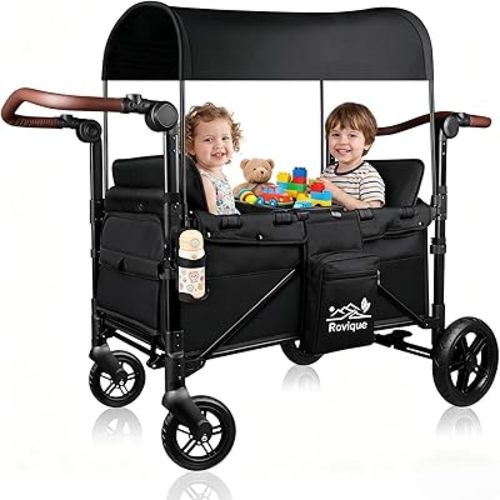 Wagon Stroller for 2 Kids, All-Terrain Stroller Wagon with Extra Long Extender, Aluminum Foldable Baby Wagon with Convertible Seats, Removable Canopy, Snack Tray, Adjustable Push/Pull Handle