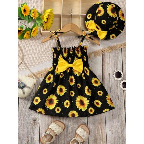 Bhchntiy 2pcs New Summer Baby Girls' Bowknot Tie Daisy Printed Strap Dress And Hat Set | SHEIN USA