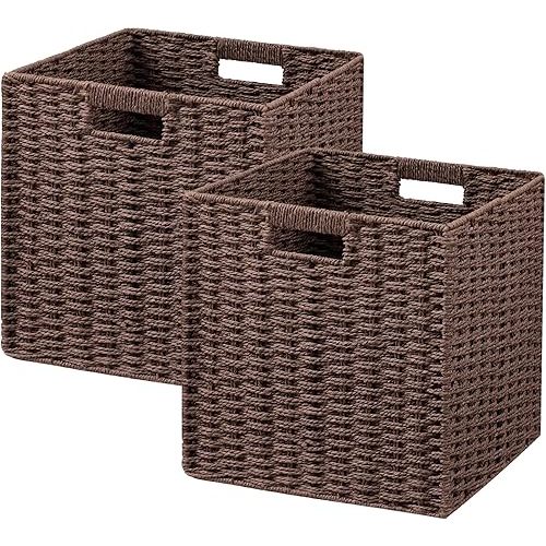 UBBCARE 2 Pack Wicker Basket, 11L×11H×10.5W inch Woven Paper Rope Storage Baskets for shelves, Foldable Cube Storage bin with Handle, Storage Basket for Organizing & Decor, Brown