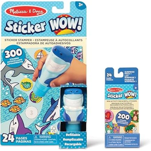 Melissa & Doug Sticker Wow!™ Shark Bundle: 24-Page Activity Pad, Sticker Stamper, 500 Stickers, Mini Pad, Arts and Crafts Fidget Toy Collectible Character
