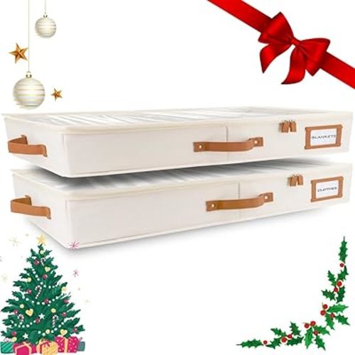 HOMELUX THEORY 2pc Low Profile Under Bed Storage Containers, Thin Under Couch Storage Organizer with Bins & Lids, Underbed Storage Box Ideal for Seasonal Clothes, Blankets, Fabric & Shoes (Ivory)