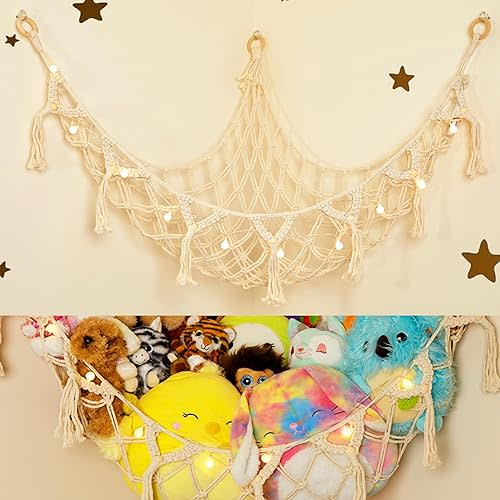 Stuffed Animal Storage Macrame Hammock w/String Lights, Large - Boho Room Decor Toy Storage - Corner Hanging Plushie Stuffed Animal Net Organizer (White)