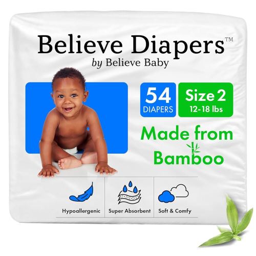 Believe Diapers Size 2 (12-18 Lbs) Viscose Bamboo Diapers 54 Count – Natural Baby Diaper, Chemical Free and Fragrance Free Natural Diaper for Sensitive Skin, Super Absorbent with Leak Protection