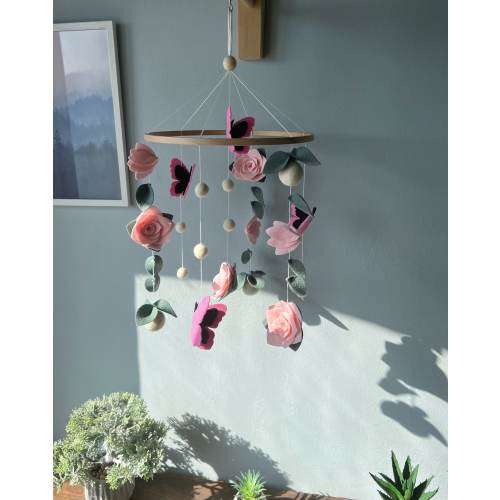 Flowers baby mobile, Butterfly crib mobile, green floral baby mobile, hanging felt mobile, cot mobile for baby girl, flowers nursery decor