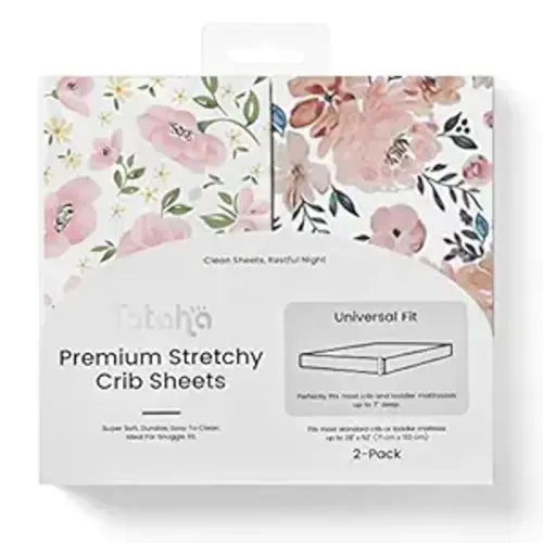 TotAha Premium Stretchy Crib Sheets (2-Pack)-Hypoallergenic, Silky Comfort, Buttery Soft, Calming Effect, All-Season Jersey-Knit Sheets, 9'' Extra Deep Pocket(Meredith Allover Floral & Pale Pink)