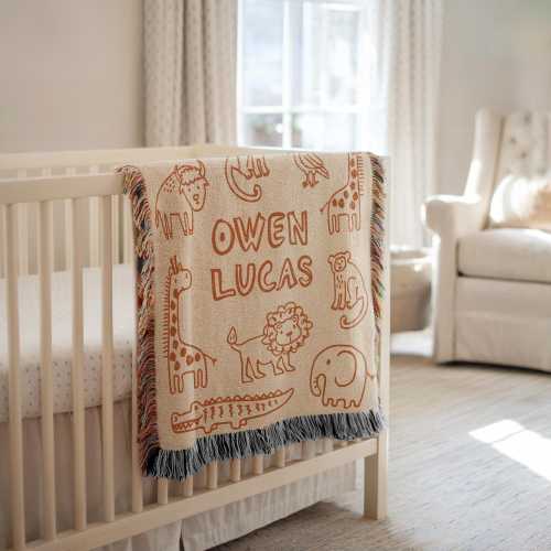 Safari Baby Blanket, Safari Nursery Decor, Custom Name Baby Blanket, Newborn Gift, Personalized Woven Throw Blanket For Kids